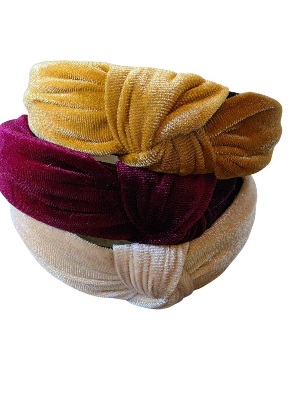Bundle of 3 Velvet Knotted Headbands- Mustard Gold, Maroon & Champagne